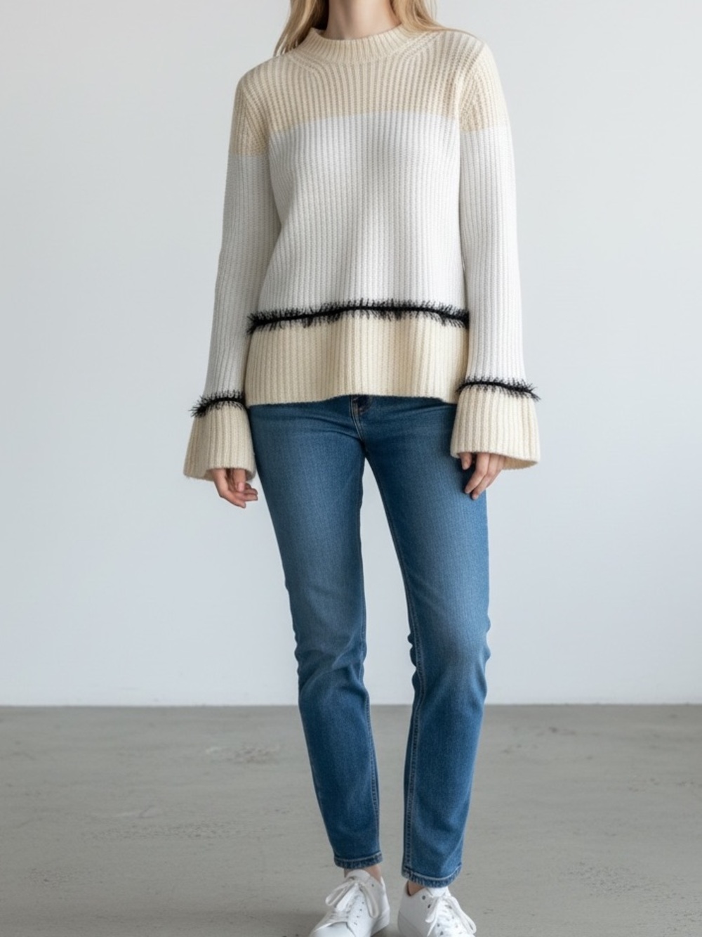 Derek Lam 10 Crosby Bell Sleeve Sweater Sz XS Ivory Chunky Knit Wool Crew Neck